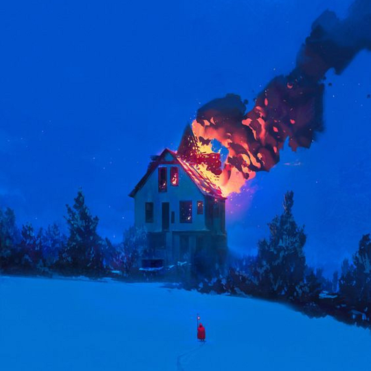 house on fire in the snow